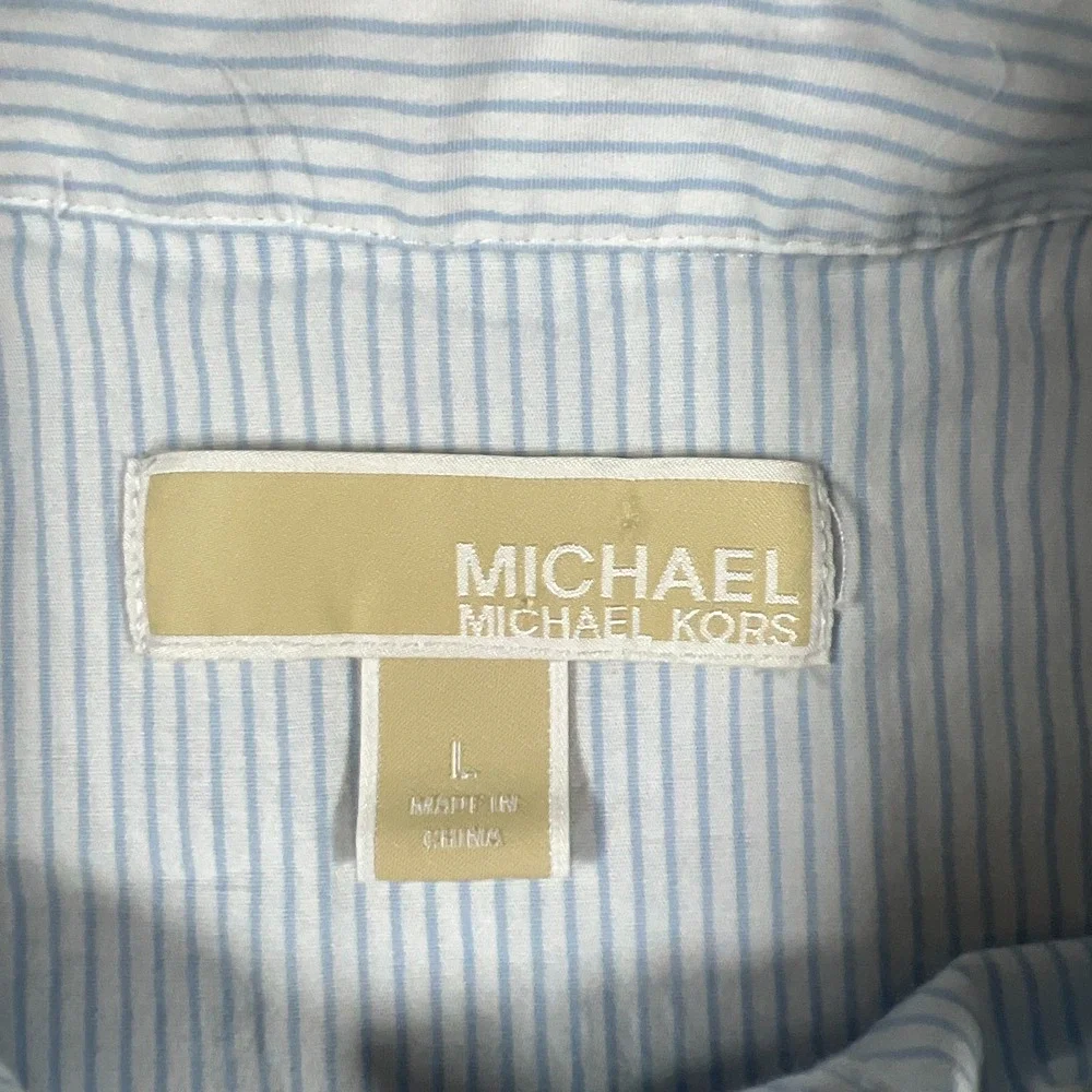 Michael Kors Button Up Shirt Womens L White Blue Striped Roll Tab Sleeve Casual
